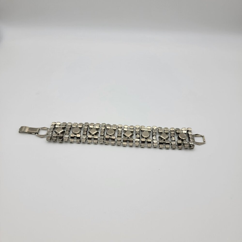 Vintage Crystal Tennis Bracelet Silver-Tone Fold Clasp Wide Statement 7 Inch - Picture 11 of 14